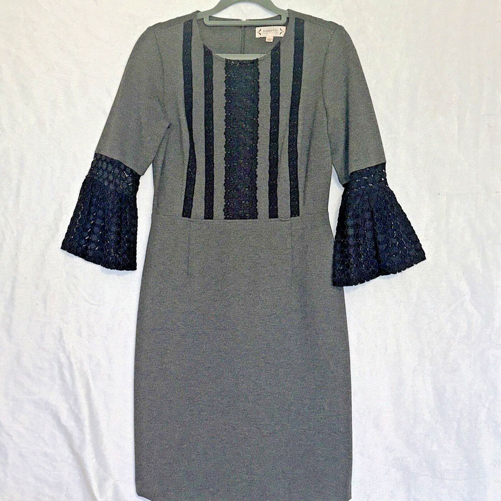 Nanette Lepore Gray Scoop Neck Dress With Lace Accents / Belled Cuffs SZ 4
